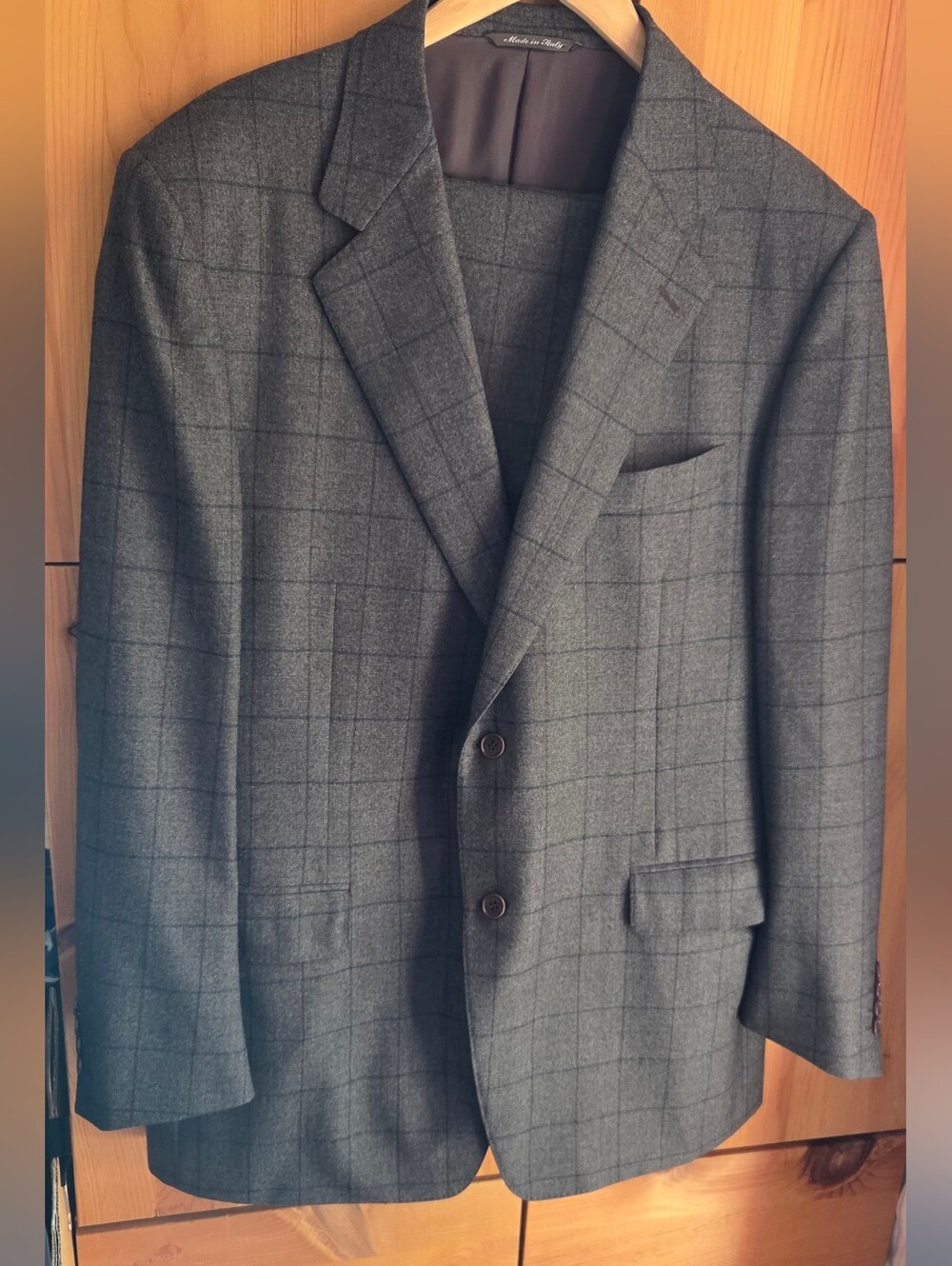 Canali Men's Wool Brown & Navy Windowpane Two Piece Suit Size EU 56 Or US 46